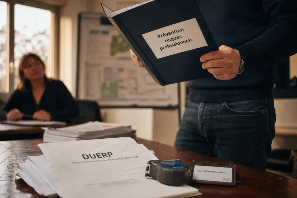 Conseiller prévention avec DUERP et documents risques professionnels en bureau