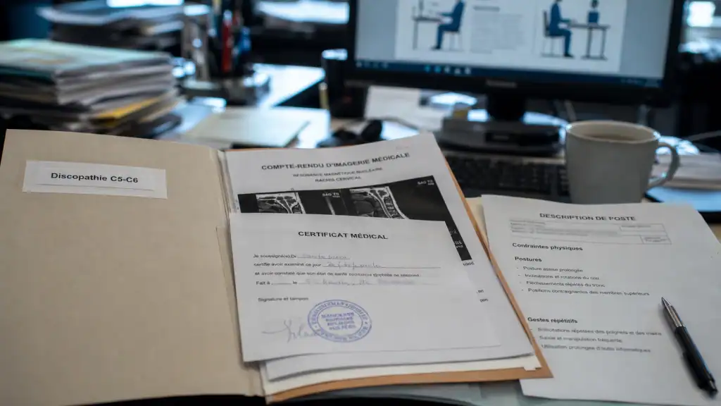Discopathie c5-c6 maladie professionnelle : dossier médical et certificat sur un bureau