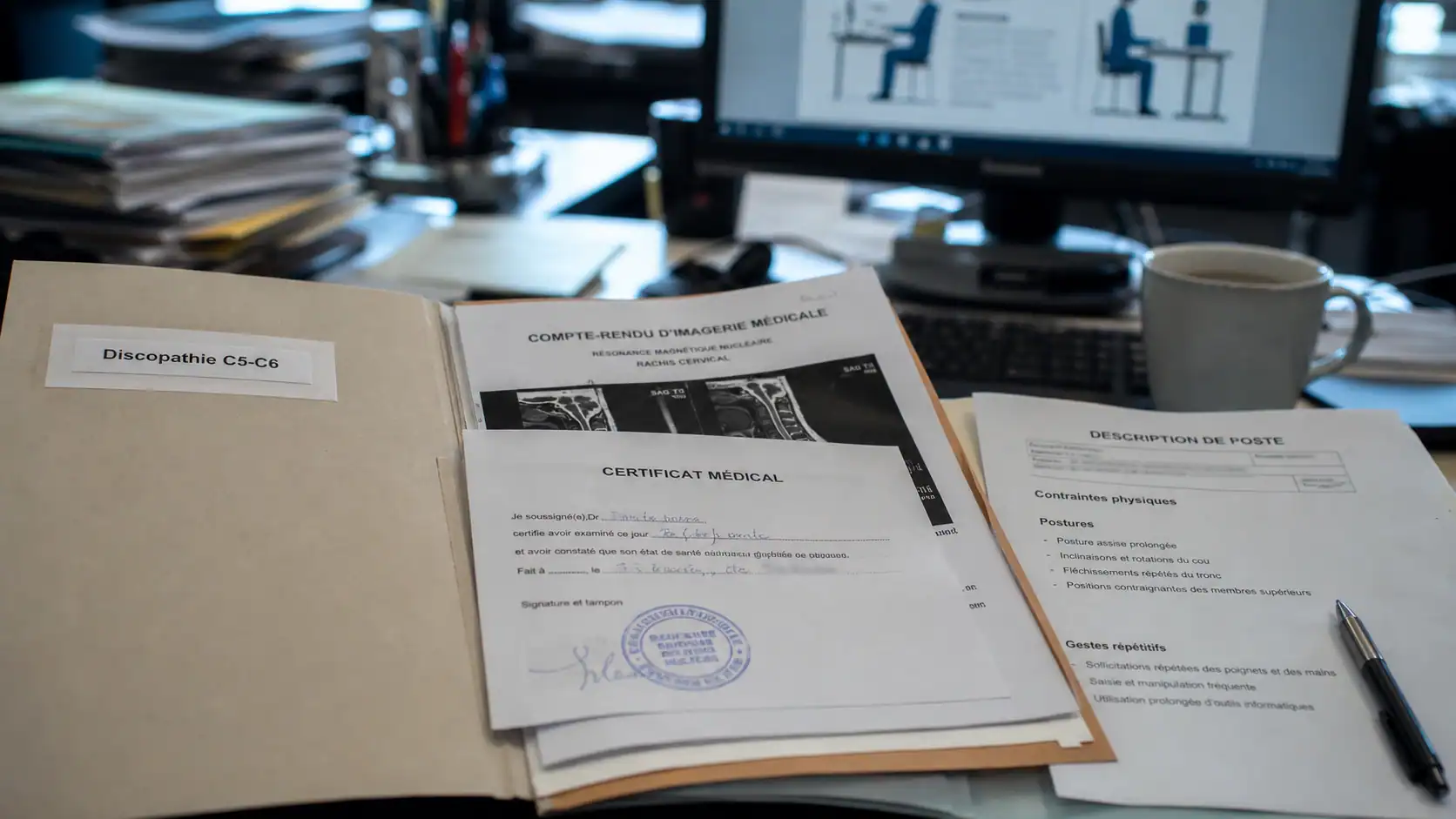 Discopathie c5-c6 maladie professionnelle : dossier médical et certificat sur un bureau