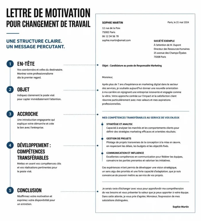 Infographie de la structure d'une lettre de motivation pour un changement de travail