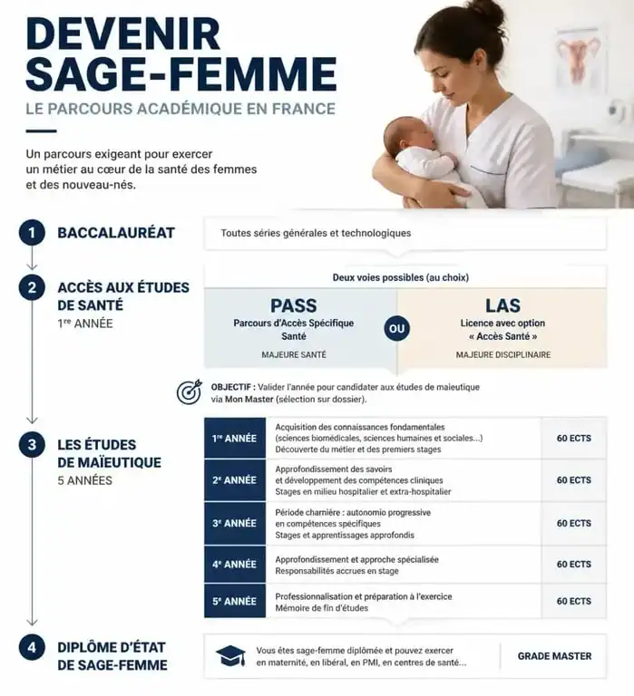 Schéma du parcours d'études pour devenir sage-femme après le bac
