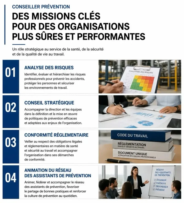 Infographie des missions du conseiller prévention en entreprise et fonction publique