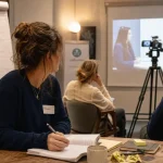 Formation confiance en soi : table et carnet en salle, formateur en écran
