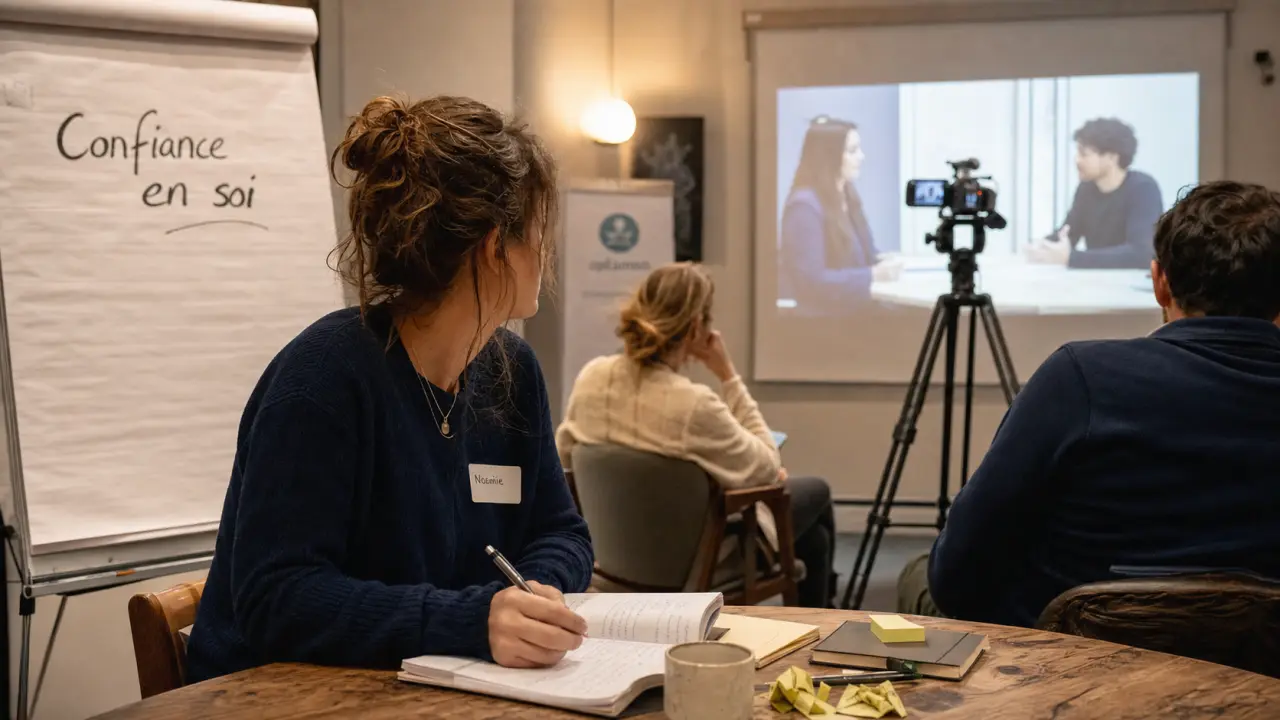 Formation confiance en soi : table et carnet en salle, formateur en écran