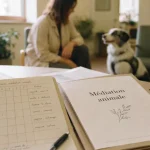Formation médiation animale : carnet et dossier, intervenante observe un chien