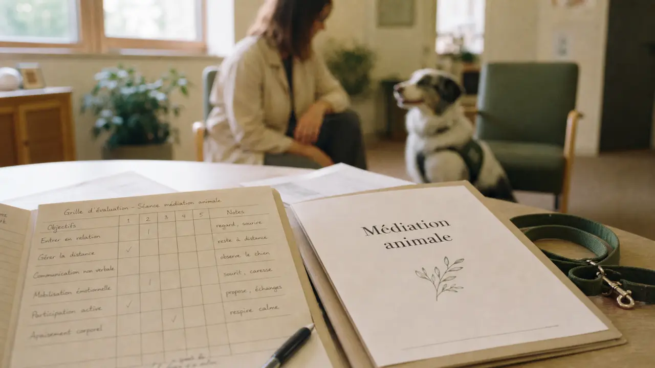 Formation médiation animale : carnet et dossier, intervenante observe un chien