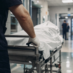 Salaire brancardier en hôpital : brancard et drap, mains gantées
