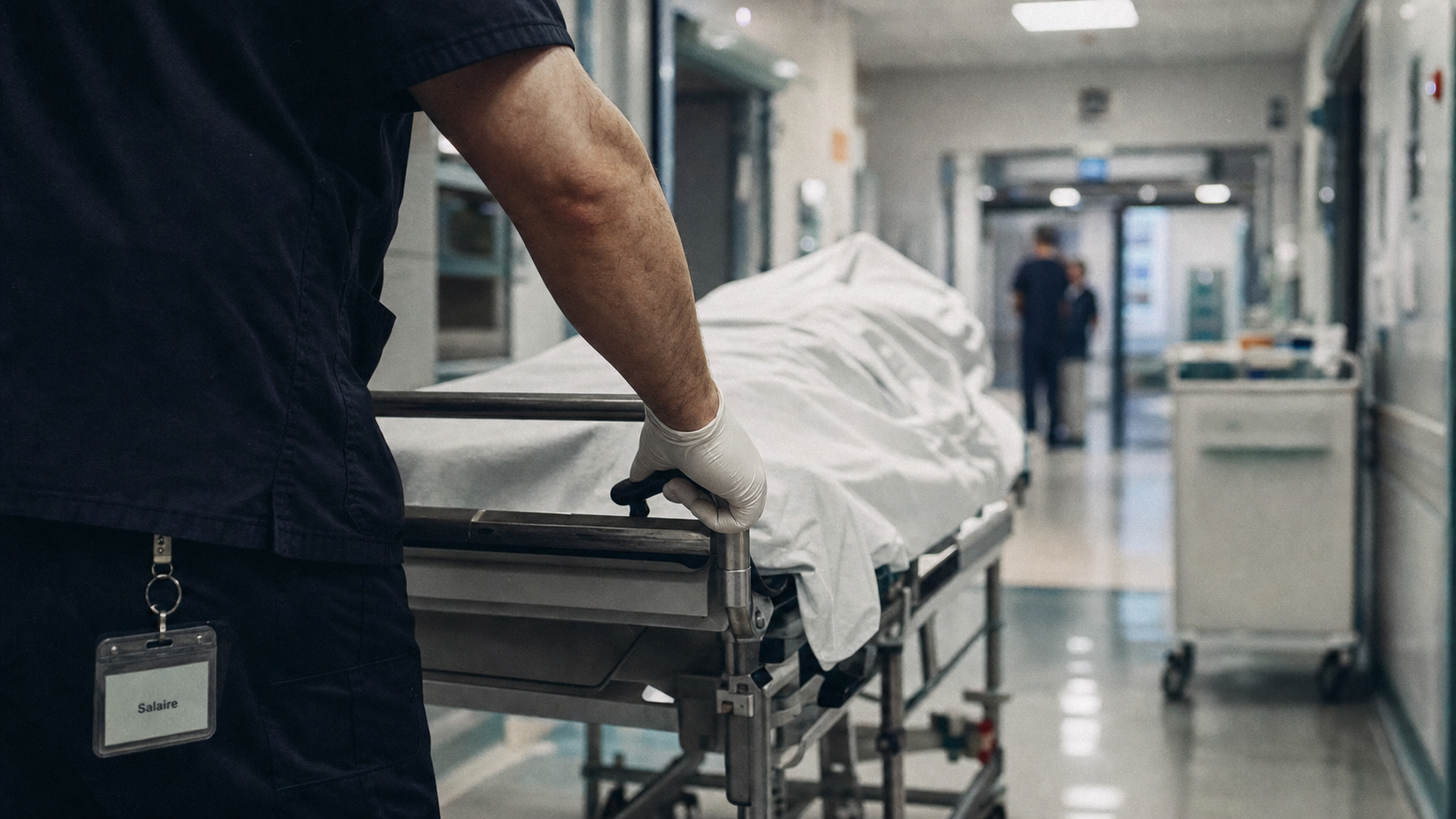 Salaire brancardier en hôpital : brancard et drap, mains gantées