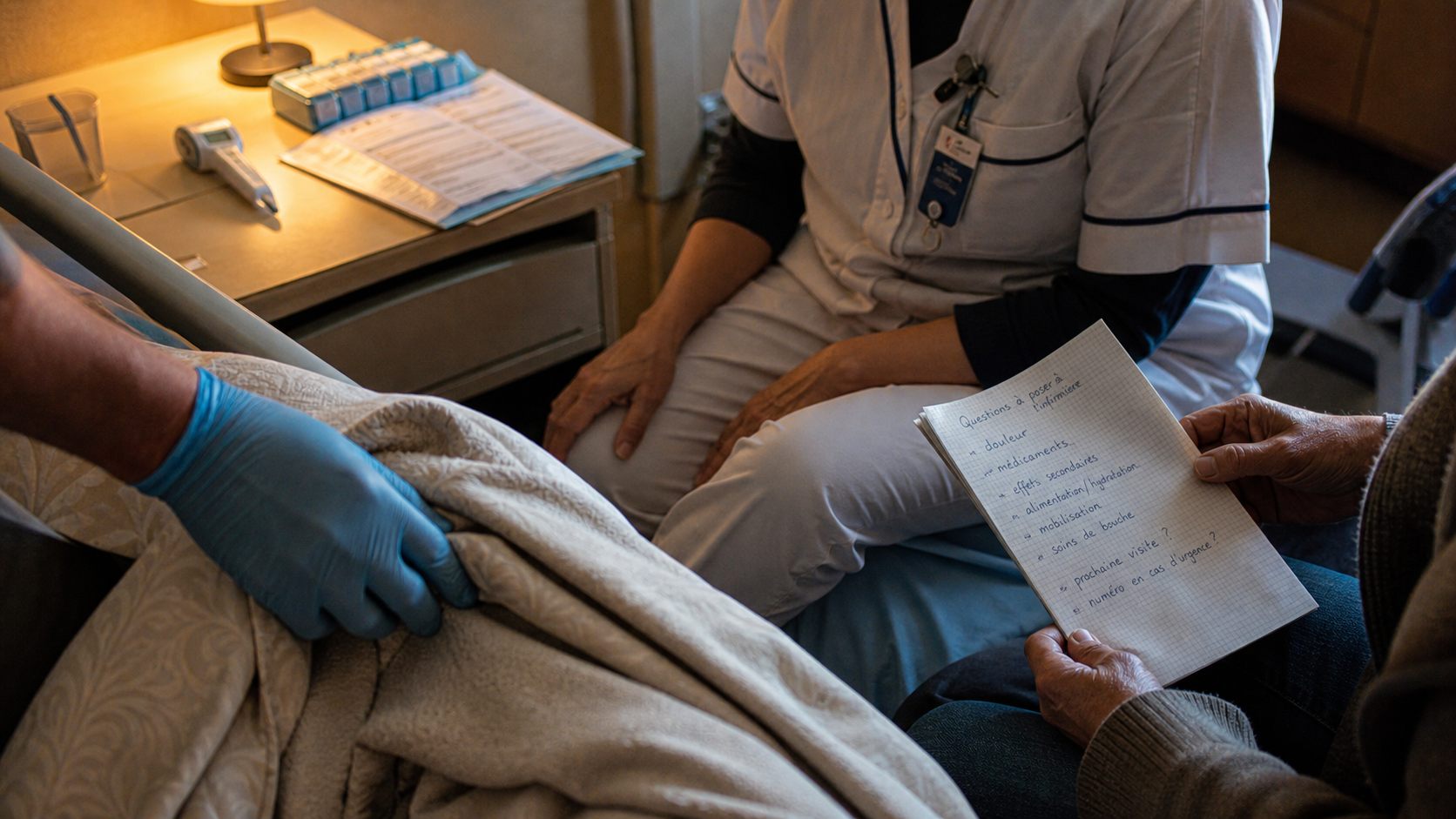 Soin palliatif domicile : infirmière et aidant coordonnant la douleur