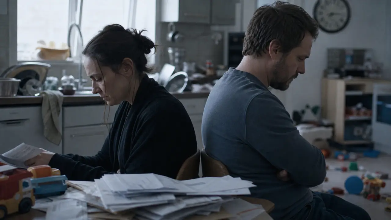 Burn out familial couple, parents dos à dos, cuisine encombrée, tension avant rupture