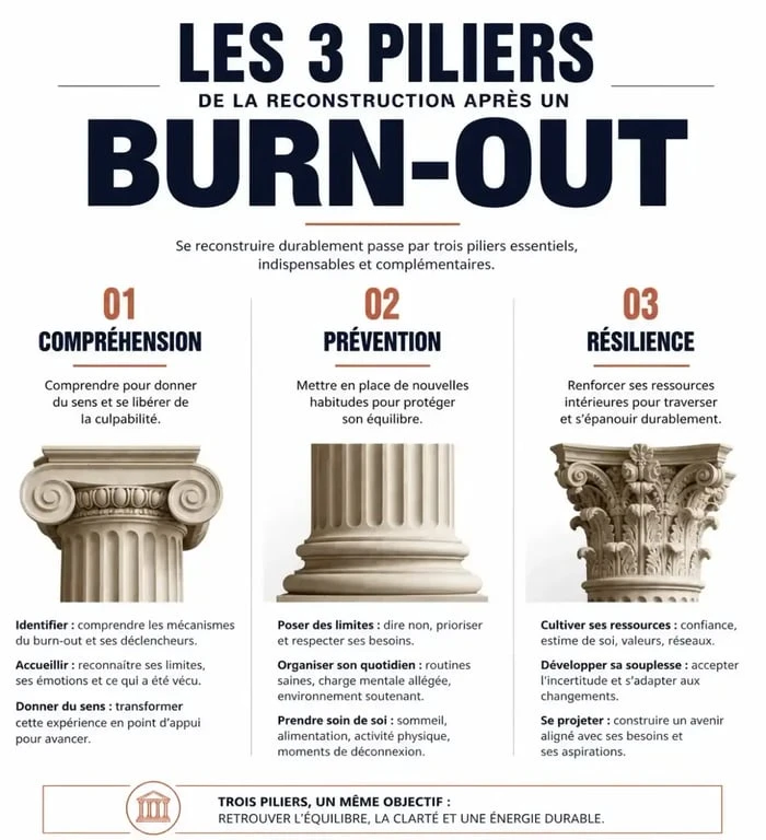 Infographie sur les étapes de reconstruction après un burn-out : livre sur le burn out pour comprendre, prévenir et agir.