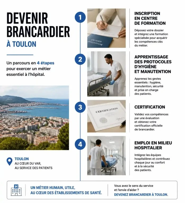 Infographie des étapes de la formation de brancardier à Toulon pour accéder au métier en milieu hospitalier
