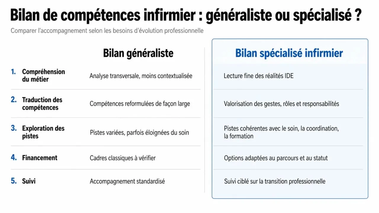 Bilan de compétences infirmier : comparaison visuelle entre bilan généraliste et spécialisé infirmier avec critères de choix