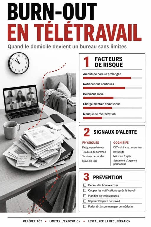 Burn out teletravail : illustration éditoriale des causes, signaux d’alerte et prévention