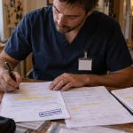 Aide soignant auto entrepreneur remplit un contrat et une fiche d’intervention