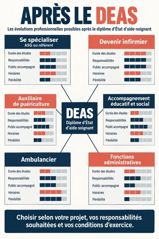 Infographie sur l'évolution aide-soignant et les principales passerelles professionnelles après le DEAS
