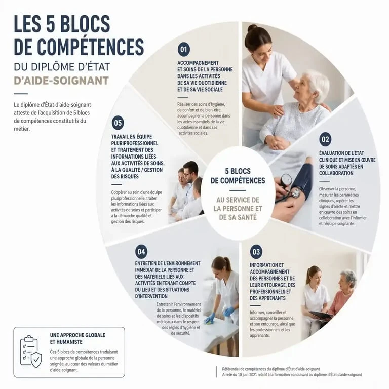 Infographie des 5 blocs de compétences du diplôme d'aide-soignant en alternance