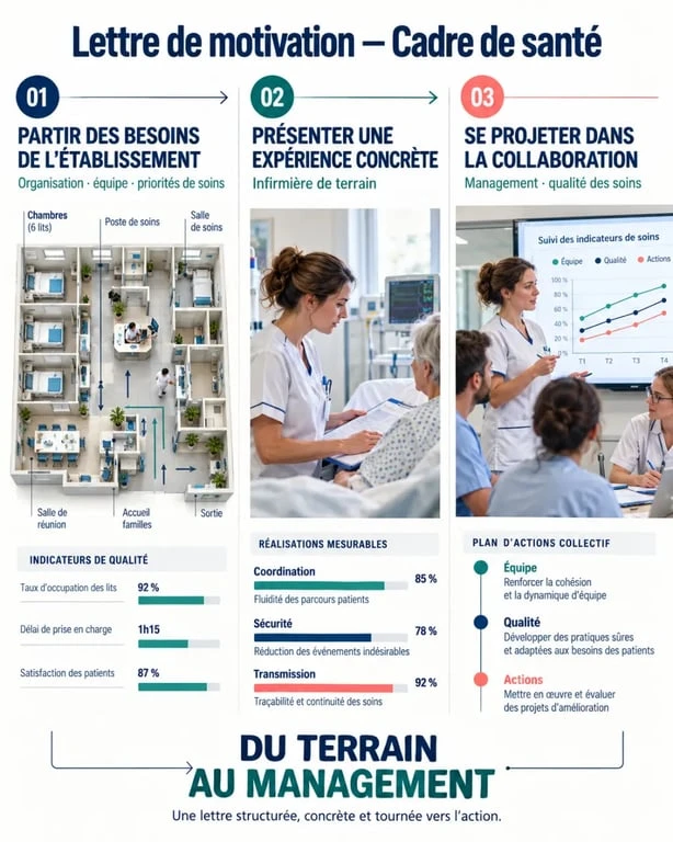 Structure d’une lettre de motivation cadre de santé en trois étapes : établissement, expérience et projet managérial