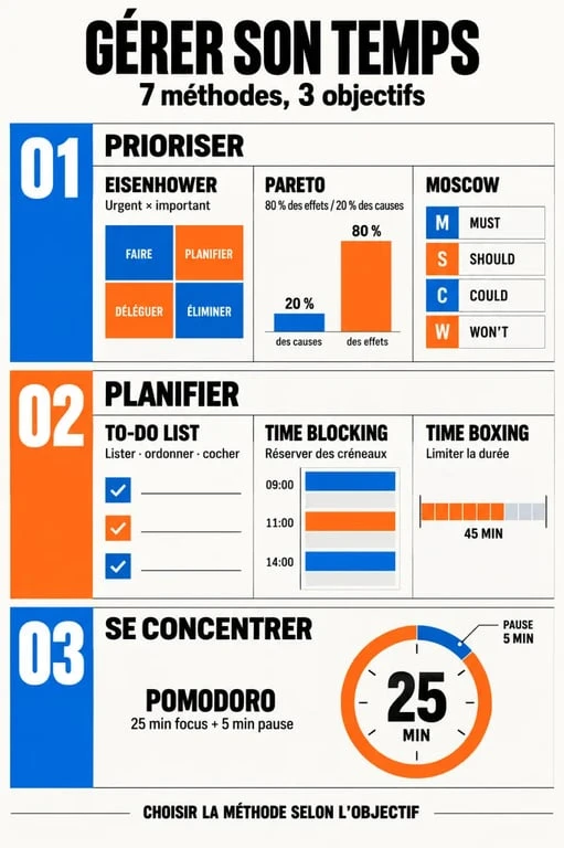 Infographie des méthodes de gestion du temps : Eisenhower, Pareto, time blocking, time boxing et Pomodoro