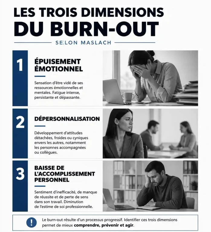 Infographie sur les trois dimensions du burn-out et la phase d'effondrement