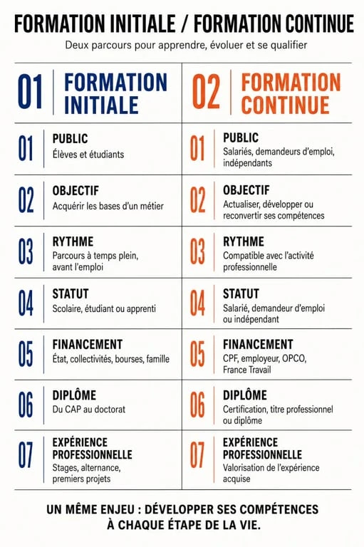 Infographie comparative sur la différence entre formation initiale et formation continue