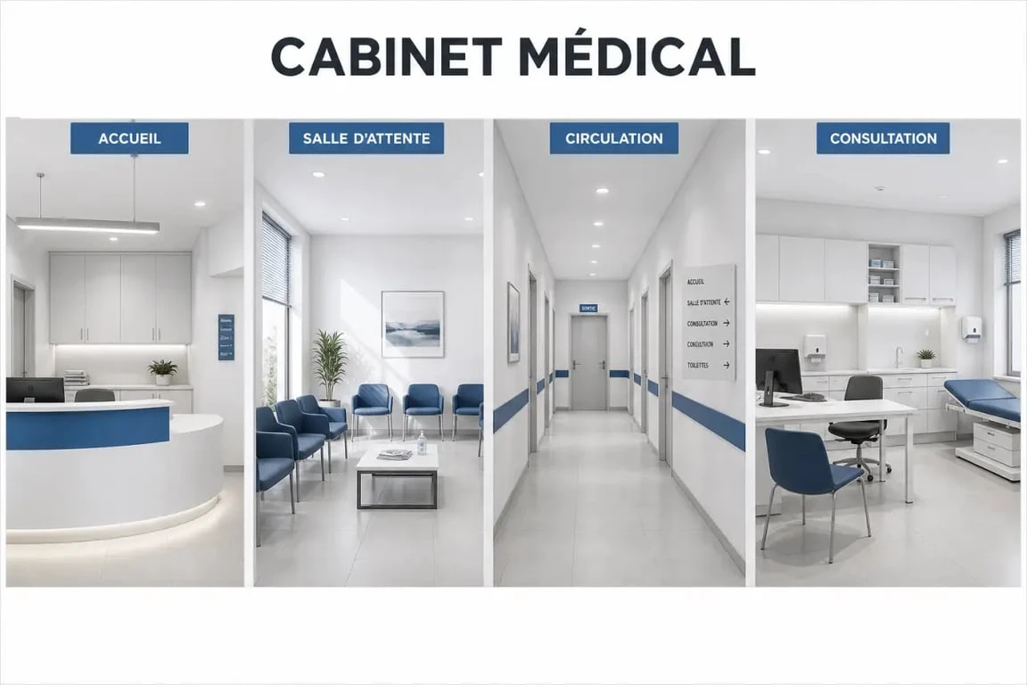 Aménagement cabinet médical moderne avec accueil, salle d’attente et consultation lumineuse
