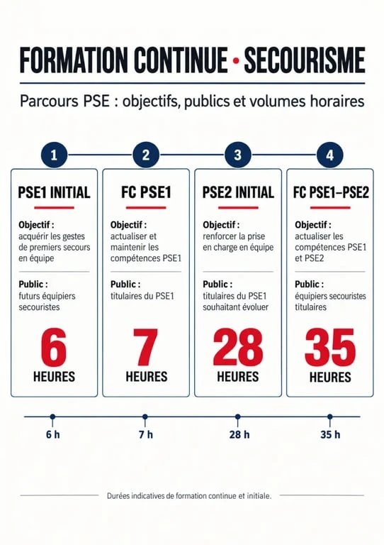 Infographie sur la formation continue PSE1, les parcours PSE1 et PSE2 et leurs durées