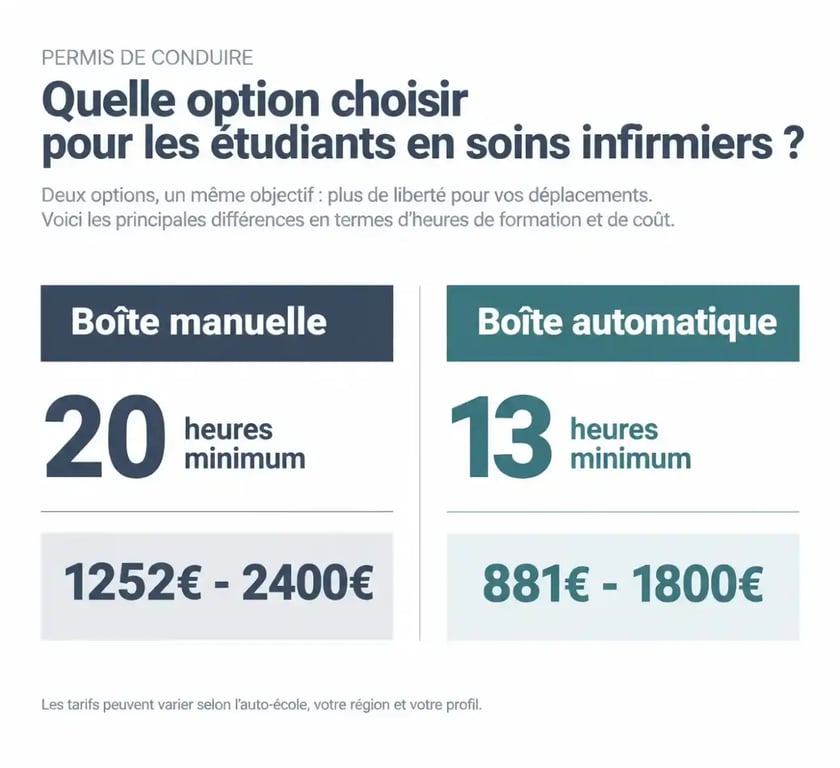 Infographie comparative des coûts et heures de formation pour le permis de conduire en boîte manuelle et automatique pour les étudiants en IFSI