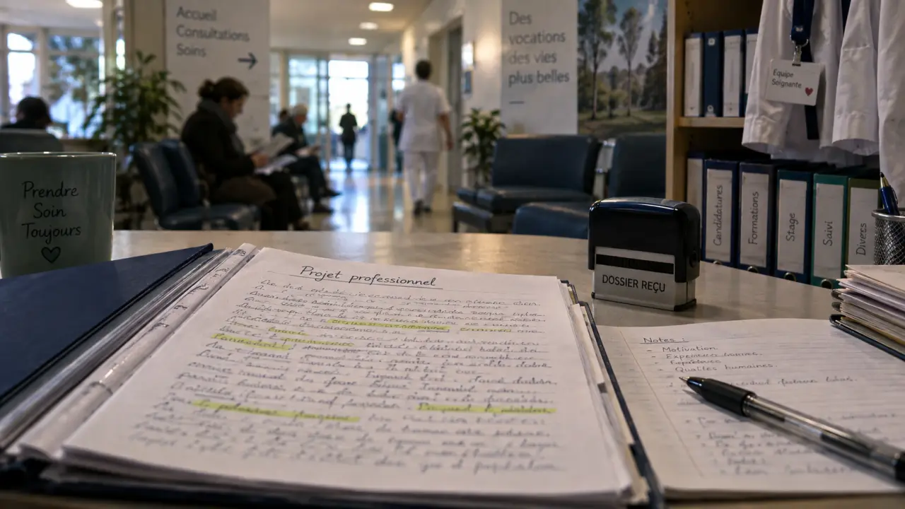 Modele projet professionnel aide soignant : dossier IFAS sur table en salle d’attente d’hôpital