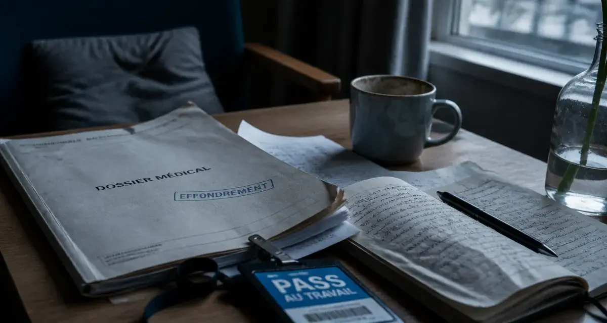 Phase effondrement burn out : dossier médical, café froid, badge au travail
