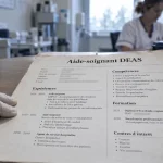 cv aide soignant : CV sur table, main gantée aligne les sections