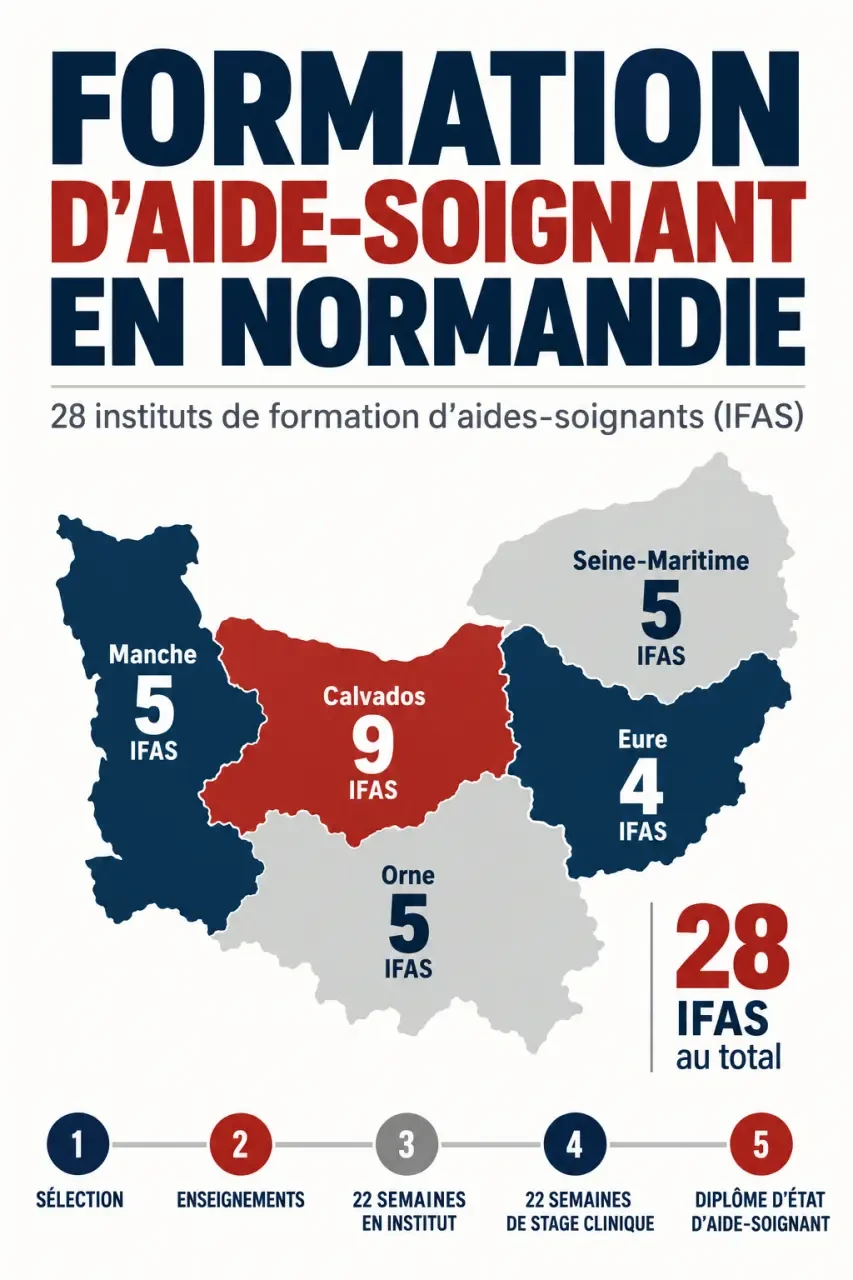 Infographie sur la formation aide soignant Normandie et la répartition des IFAS par département